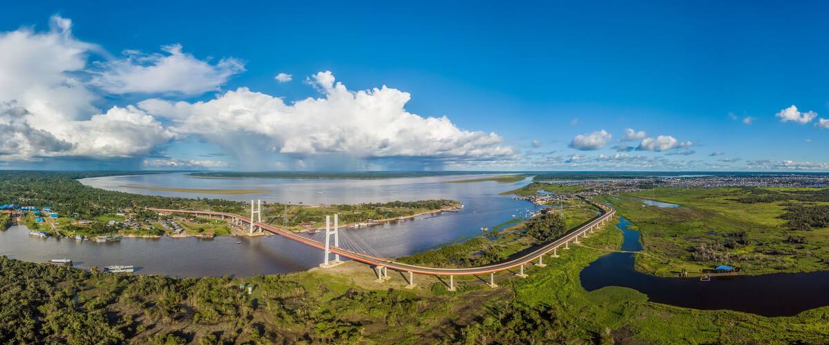A river with a bridge, surrounded by greenery and a city in the distance.