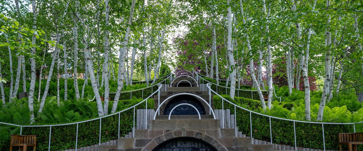 A stone staircase leading up to a blue arched entrance, surrounded by lush greenery and birch trees.