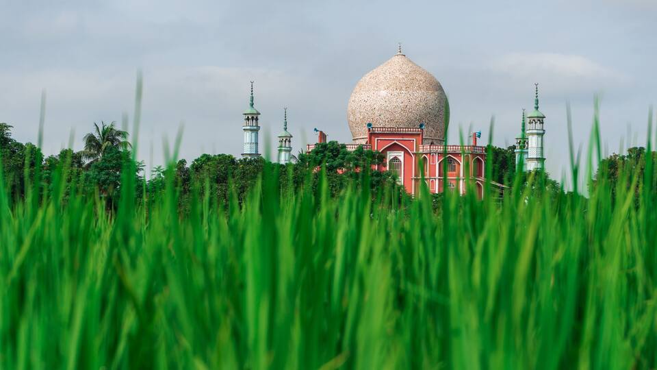 A mosque with a large dome and minarets, surrounded by lush green grass.