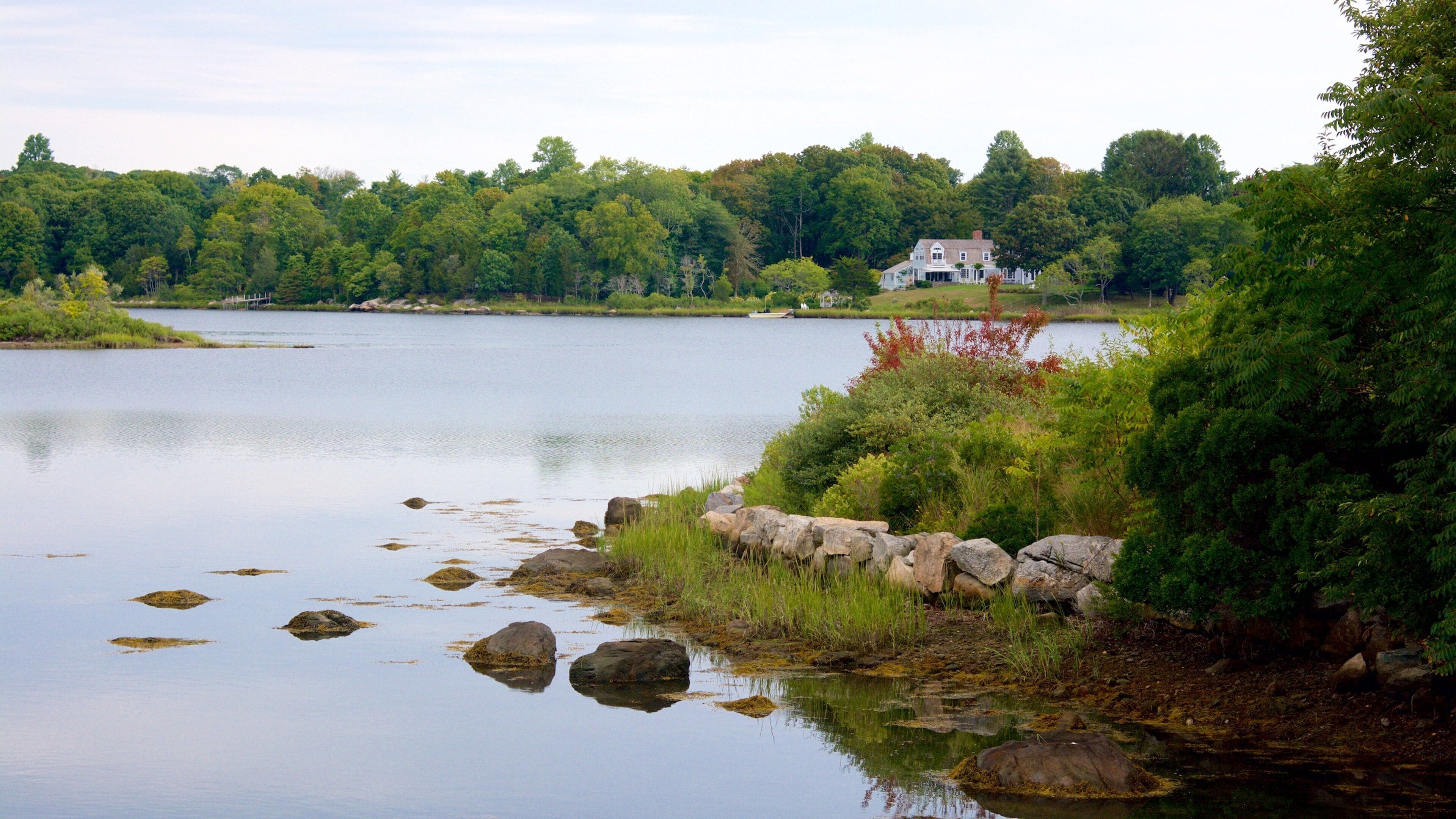 A calm lake with a stone wall and rocks in the foreground, surrounded by dense green trees and a white house in the background.