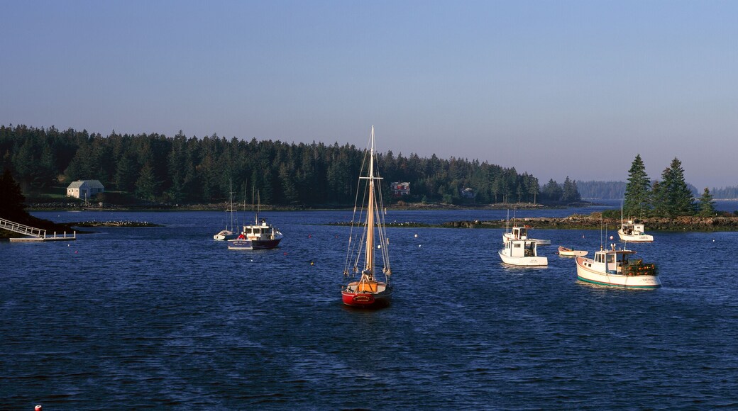 Panoramic harbor view of Lobster Village on Mount Desert Island in Stonington, ME