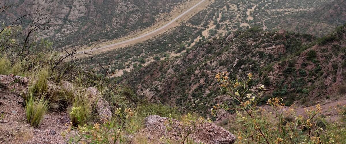 A winding mountain road through a rugged, rocky landscape with sparse vegetation and mist-covered peaks.