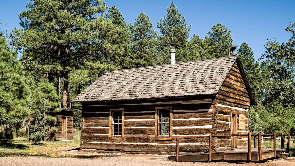 A rustic log cabin surrounded by tall pine trees.