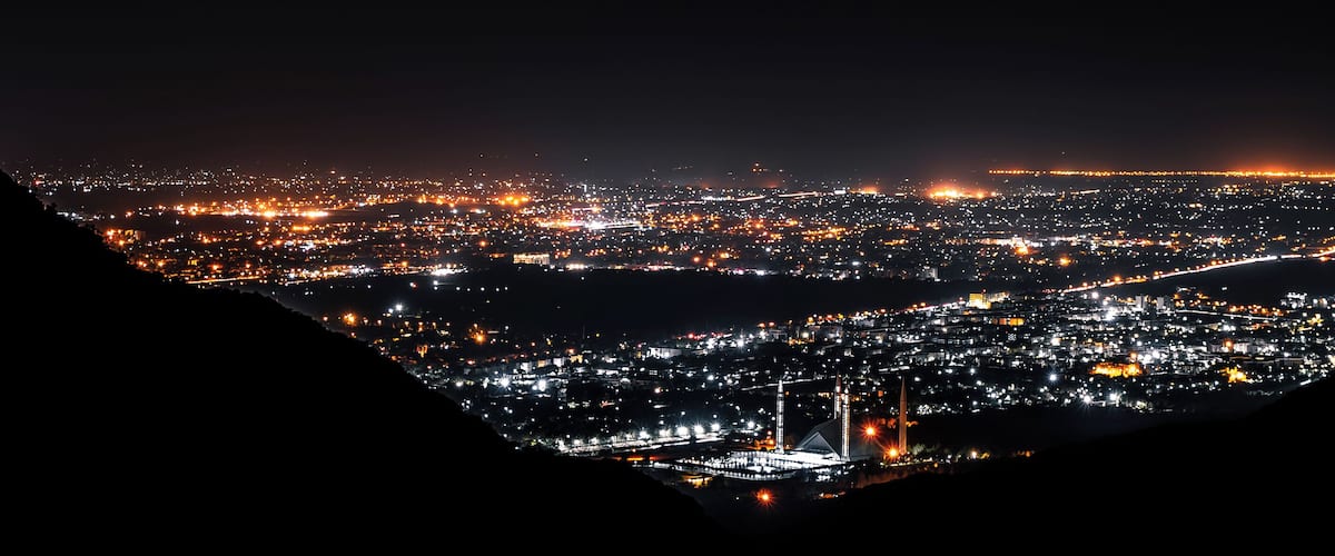 A view of the city at night.