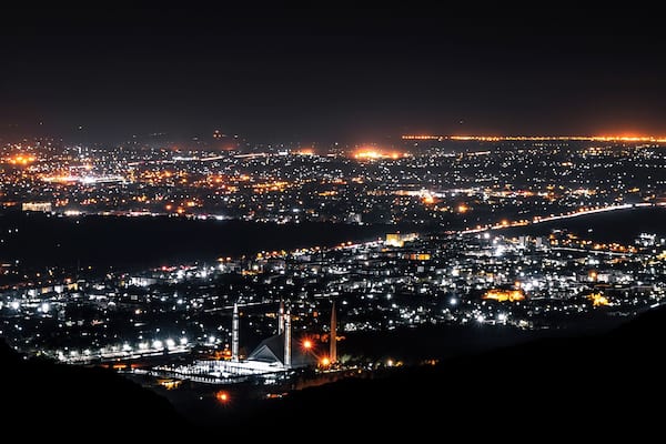 A view of the city at night.