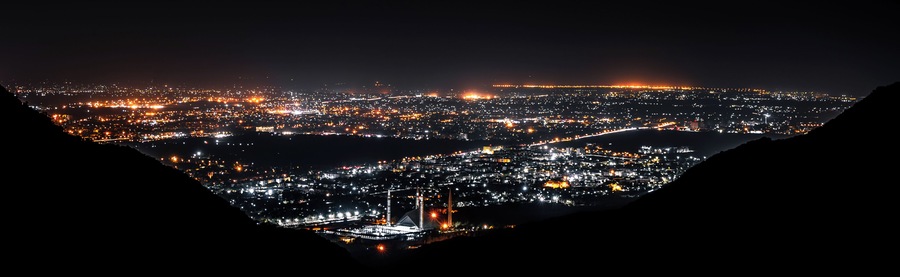 A view of the city at night.