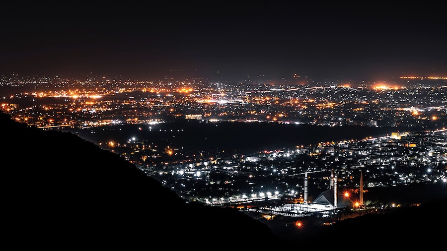 A view of the city at night.