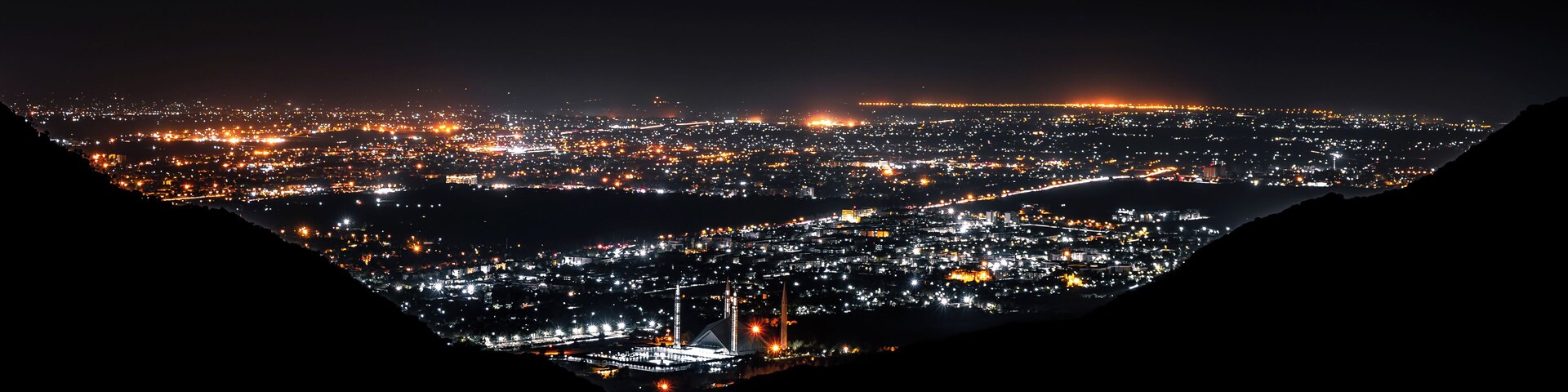 A view of the city at night.