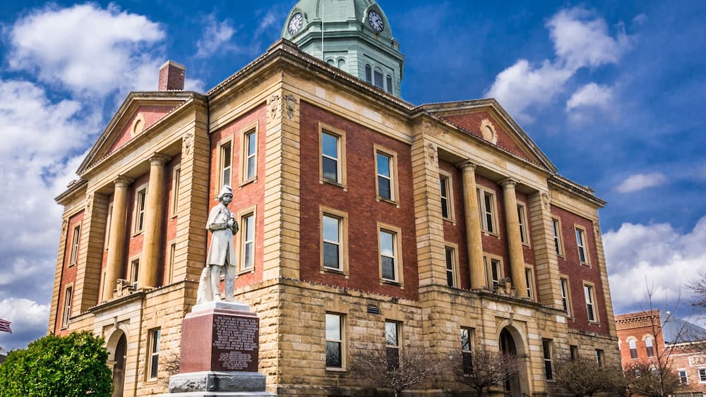 Vintage historic courthouse small town Sullivan Illinois Midwest USA