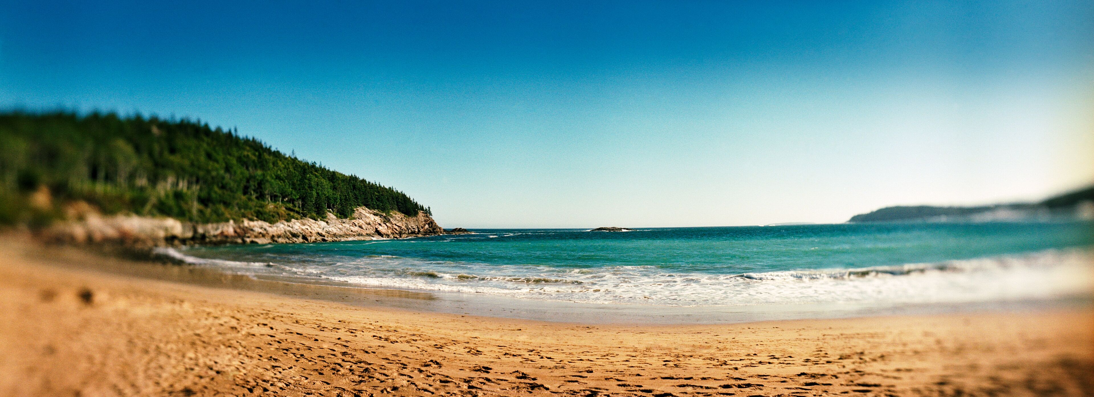 Panoramic view of sand beach landscape, Acadia National Park, Maine, USA.