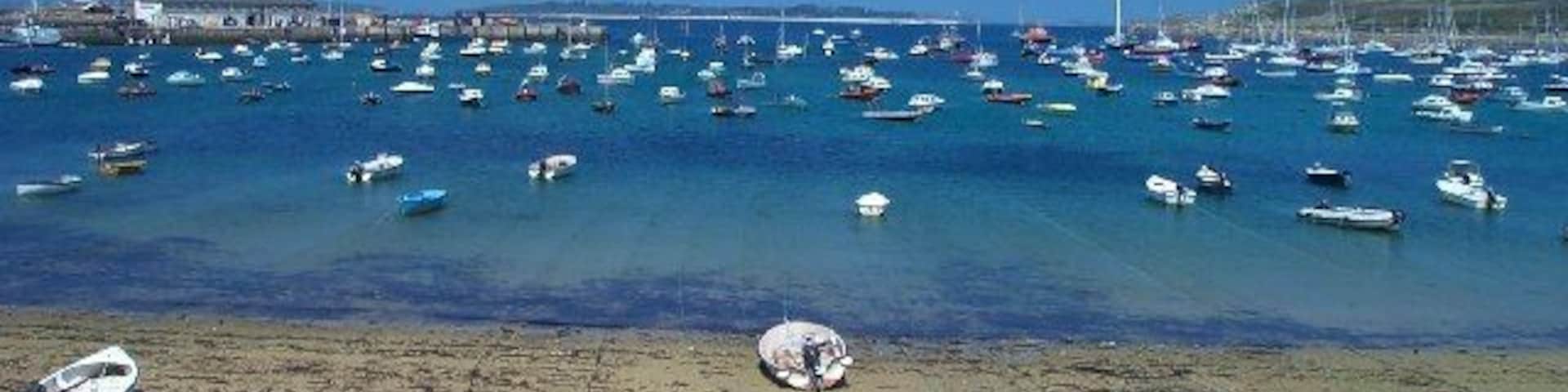 Escena costera con numerosos barcos anclados en el agua, una playa de arena y un puente a lo lejos.