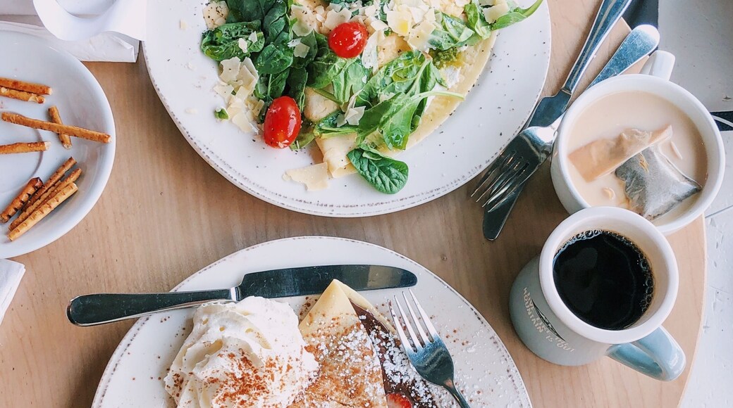 Cool little spot with delicious coffee, tea, and sweet and savory crepes. If you're ever in the area, I highly recommend stopping by for a quick bite. I also really like their slogan "Live like the mountain is out". You can't see it but it's on their mugs as well as it's painted on their side wall outside of the cafe.