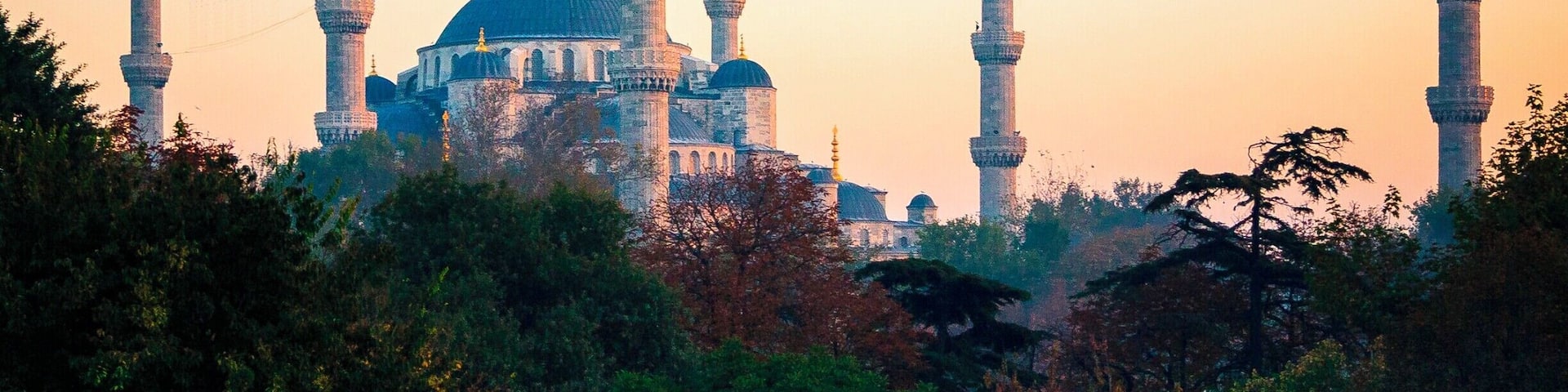 A mosque with multiple minarets and a central dome, surrounded by trees.