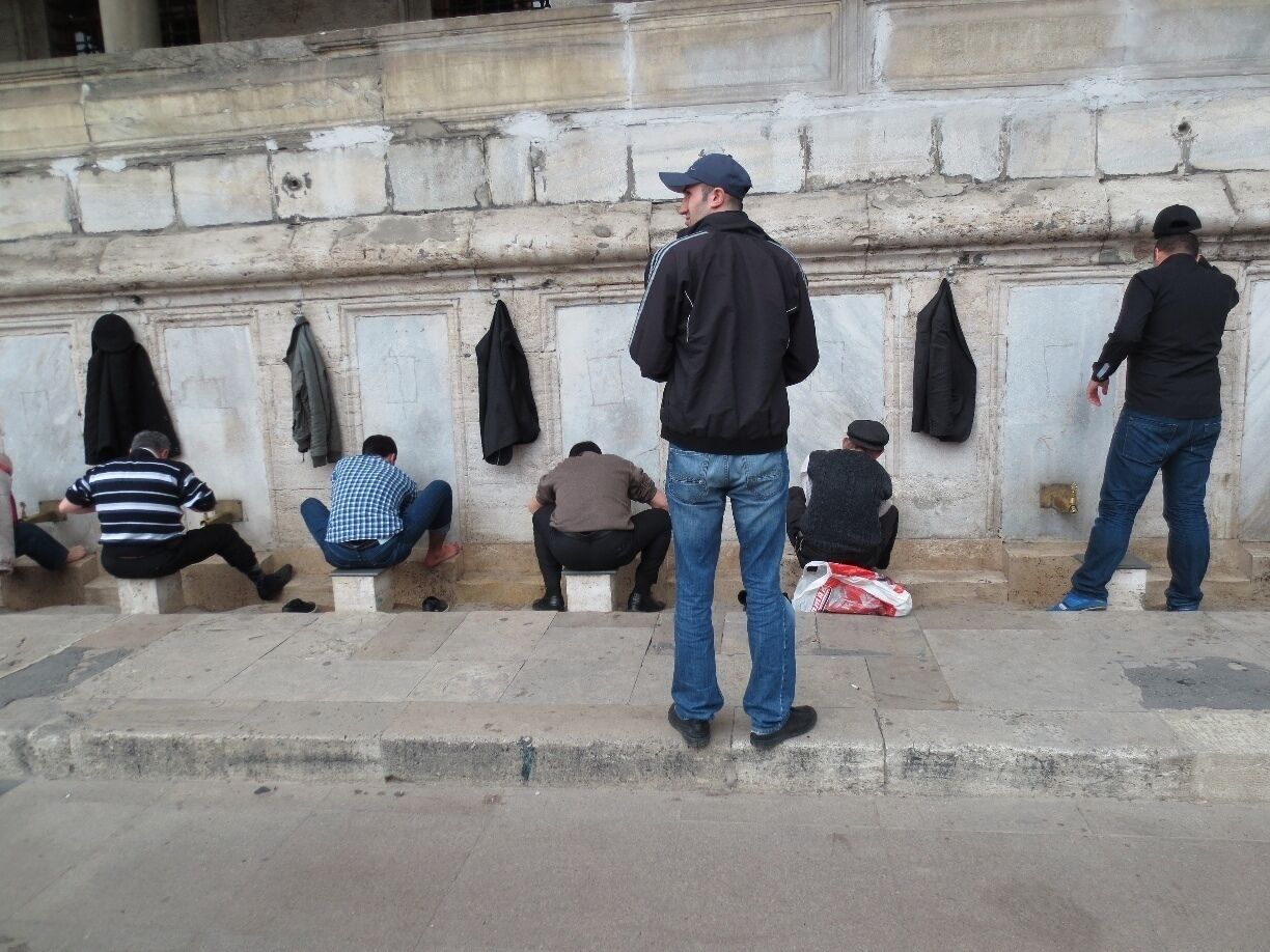 Muslim men, washing themselves, before they enter the Mosque.

View from the "New Mosque" in Istanbul's Eminonu neighborhood.  