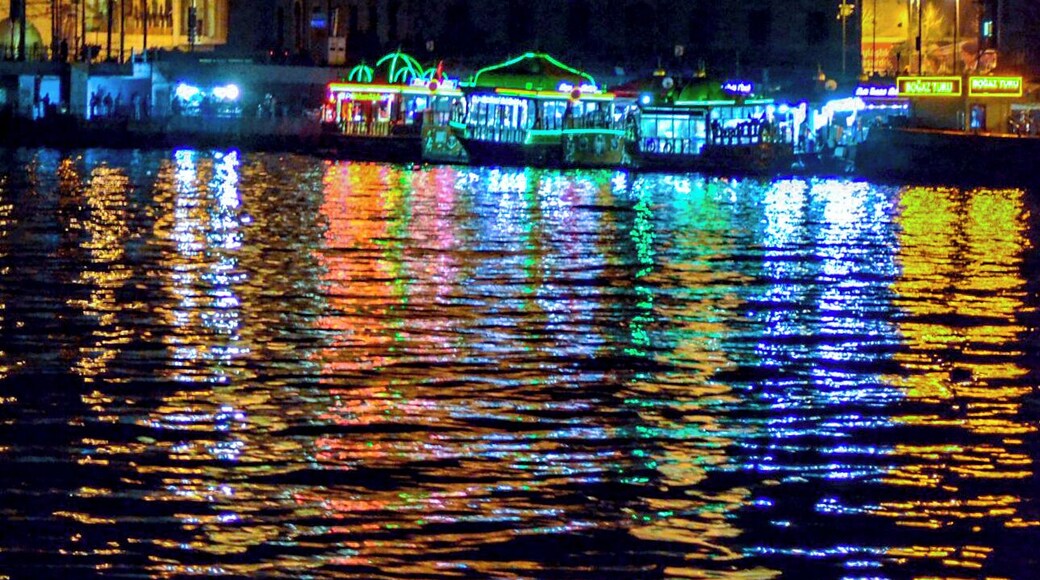Istanbul at night viewed from the Golden Horn and Bospherus.