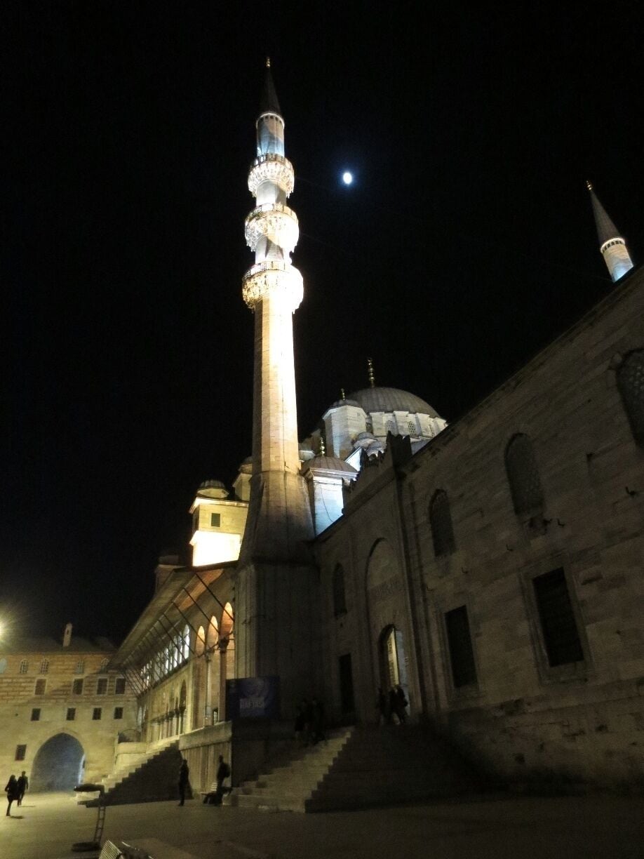 Moon over Istanbul's New Mosque.  