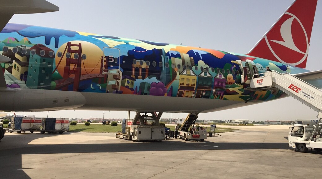 A Turkish Airlines B777 painted with colorful San Francisco landmarks parked and ready for departure en route to San Francisco. The airplane paint job marked the first non-stop service between Istanbul and San Francisco,