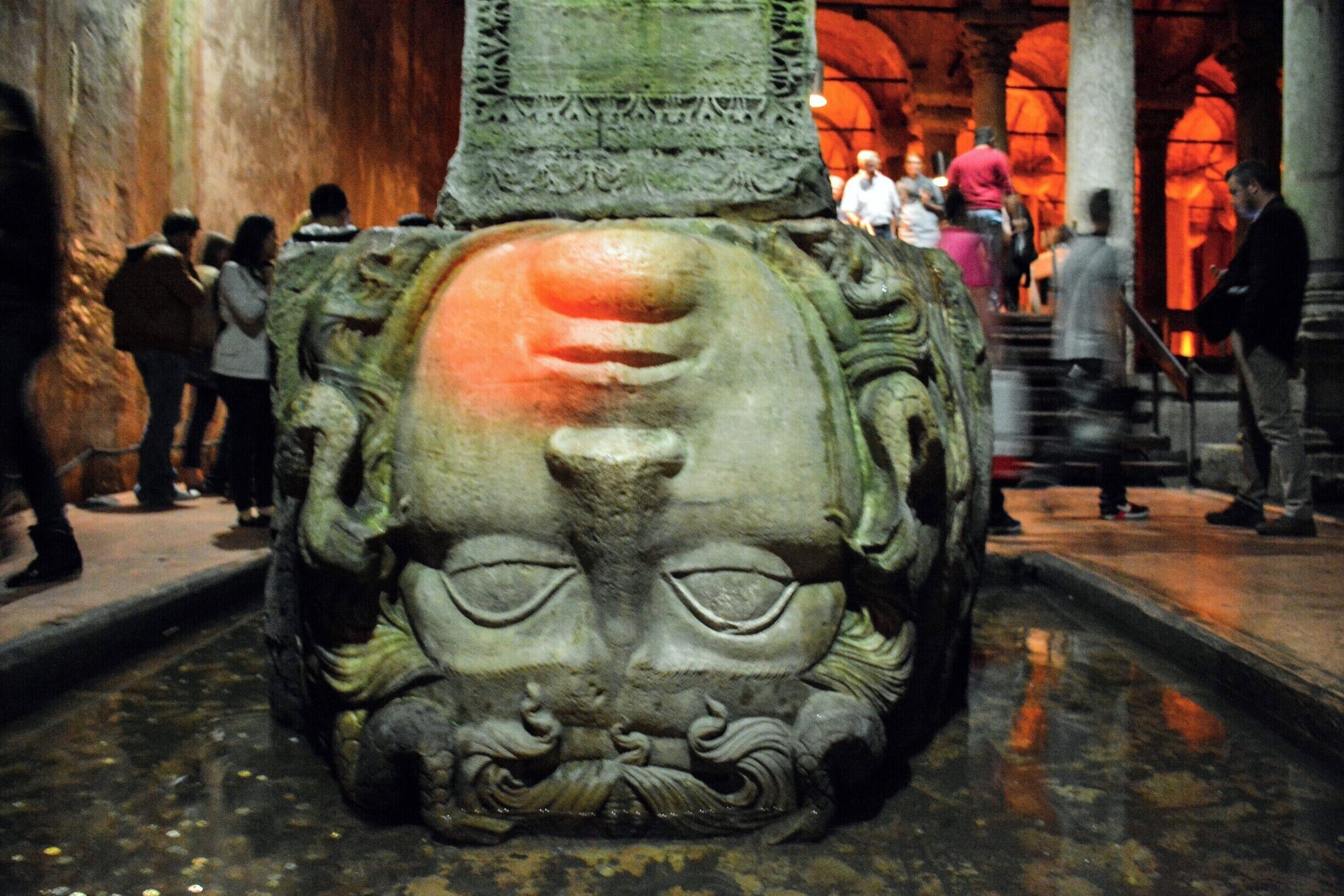 This repurposed Medusa head helps to support the roof of the Basilica Cistern, built in the 6th century CE by the Byzantine emperor Justinian as part of Constantinople's water system.