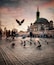 A bustling square with pigeons, people, and historic architecture.