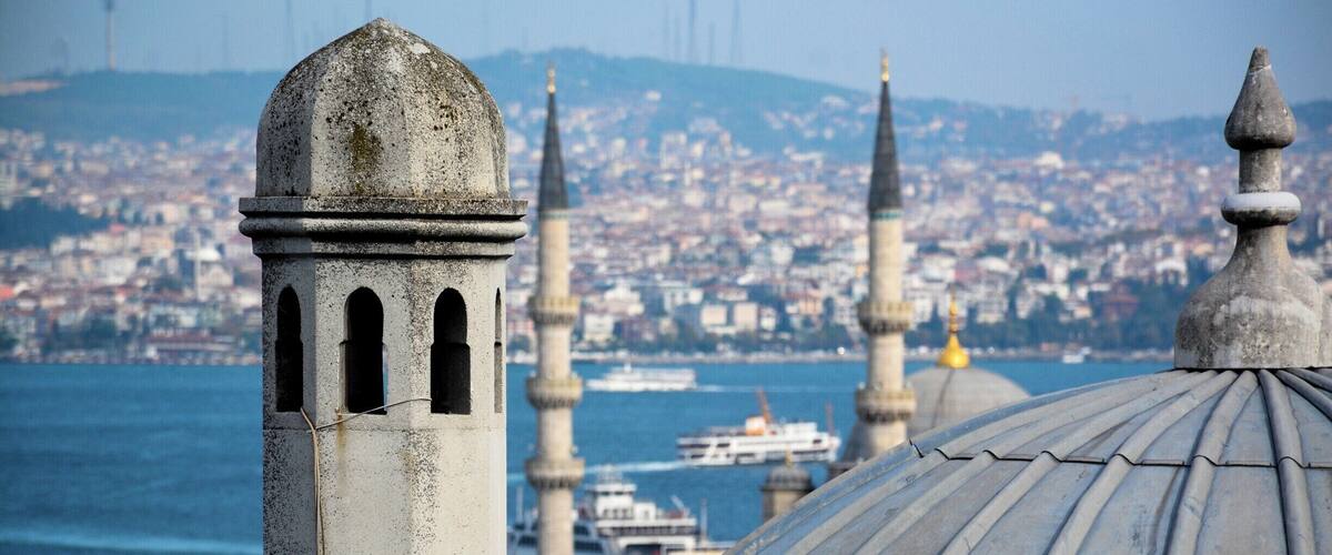 The Bosporus, with its ferry boats, and Asian Istanbul seen from the Sulamaniye Mosque in the European part of the city. Somewhat surprisingly, perhaps, the European part of the city is the more traditional and religious and the Asian side more western-oriented and secular.