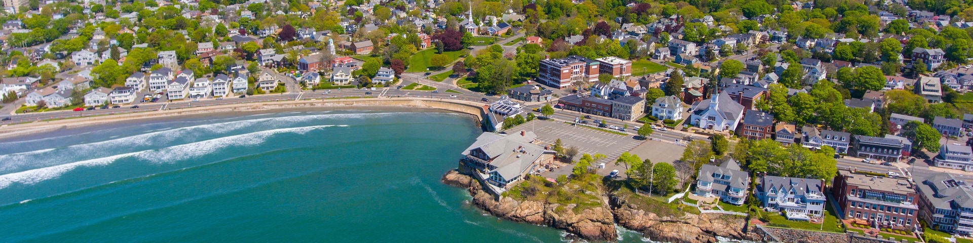 Lincoln House Point and luxurious coastal mansions aerial view between Fishermans Beach and Eisman's Beach in town of Swampscott, Massachusetts MA, USA.