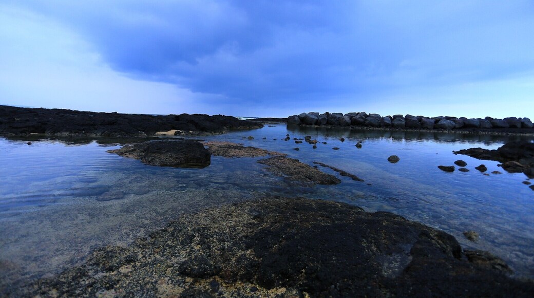#blue
Located just south of downtown Hilo on the Big Island’s east shore, Onekahakaha Beach Park is the ideal beach for families with small children and for tidepooling. There is a sand-bottomed cove that is separated from the open ocean by a boulder break, so the nearshore waters are shallow and free of currents or wave action. Also, lifeguards are on duty year-round.
Surrounding the cove are a few tide pools, which are sometimes visited by sea turtles. The largest one of them is home to a large population of sea urchins, as well as sea cucumbers, brittle stars, cone shells, sea urchins and sea anemones. However, this pool is not as children-friendly as it has a rockier and deeper bottom and is not protected by the breakwater. Also, it is subject to currents.
The water is crystal clear and shallow behind the boulder wall so its a great place to watch beautuful waves hit the rocks. We did see at least two water turtles wading here. The kids loved it!