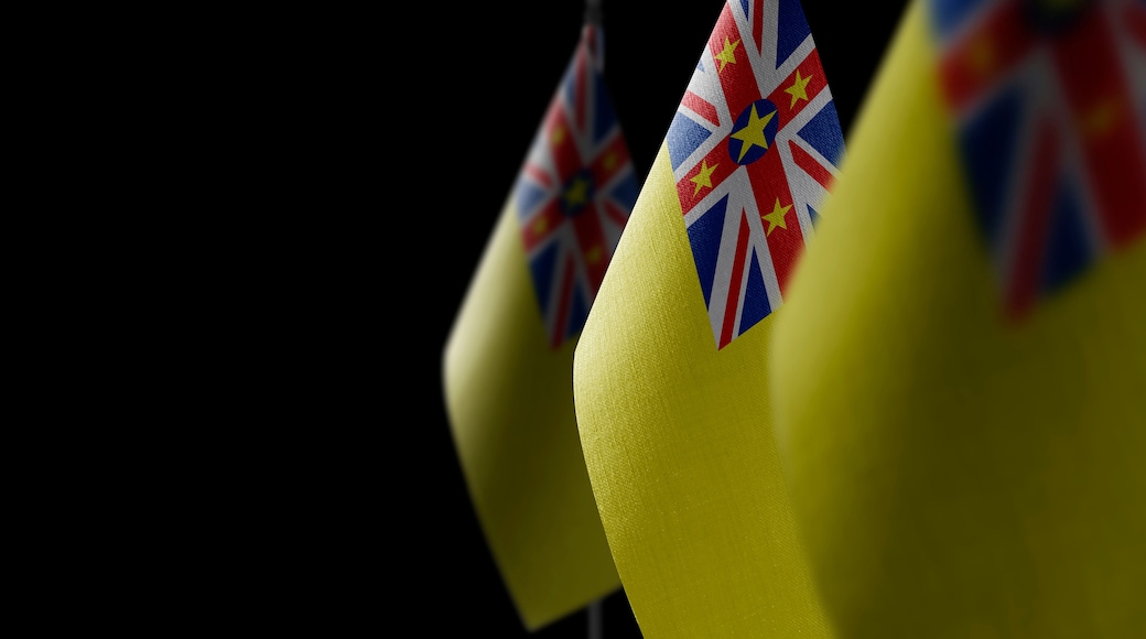 Small national flags of the Niue on a black background
