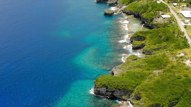 Un paisaje costero con aguas azul cristalino, acantilados rocosos y abundante vegetación.