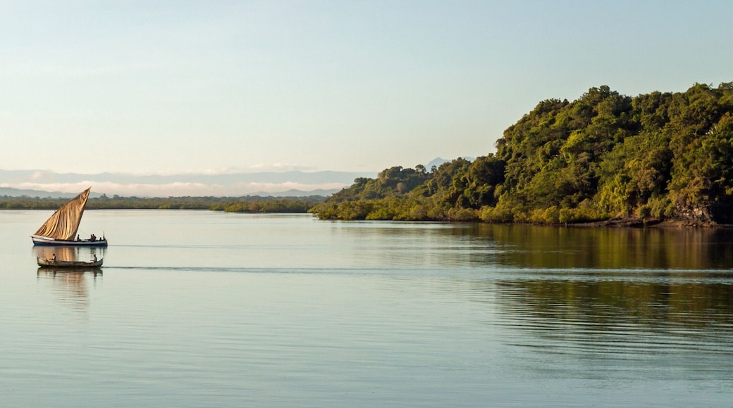 Nosy Be, Madagascar: traditional sailing boat and canoe sail out on the Indian Ocean from Port Ankify, Ambanja district, Northern Madagascar.