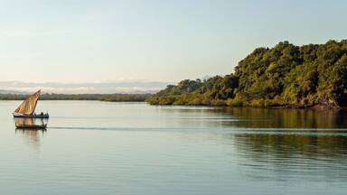 Nosy Be, Madagascar: traditional sailing boat and canoe sail out on the Indian Ocean from Port Ankify, Ambanja district, Northern Madagascar.