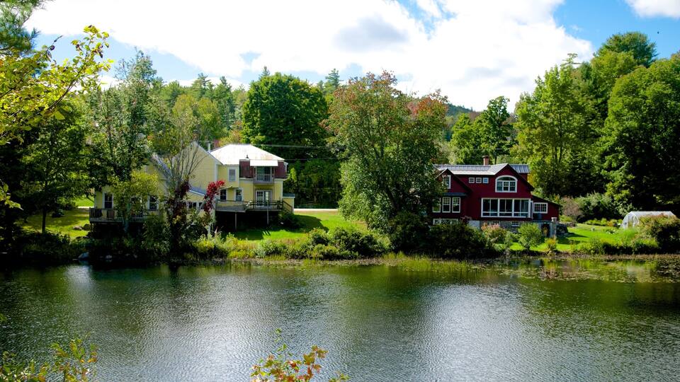 Two houses by a calm lake surrounded by lush greenery and trees.