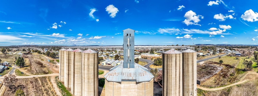 Panoramic view of Grain Silos overlooking the town of Inverell, New South Wales, Australia