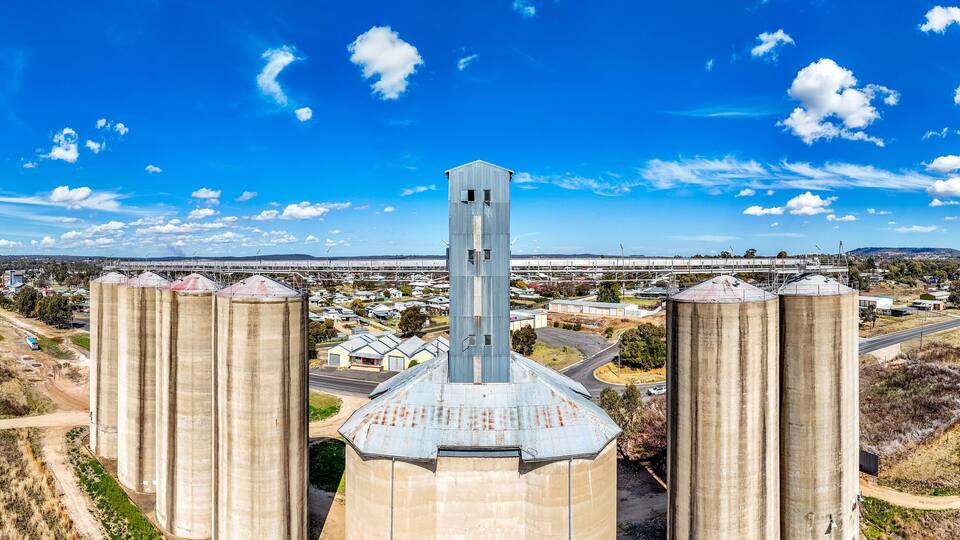 Panoramic view of Grain Silos overlooking the town of Inverell, New South Wales, Australia