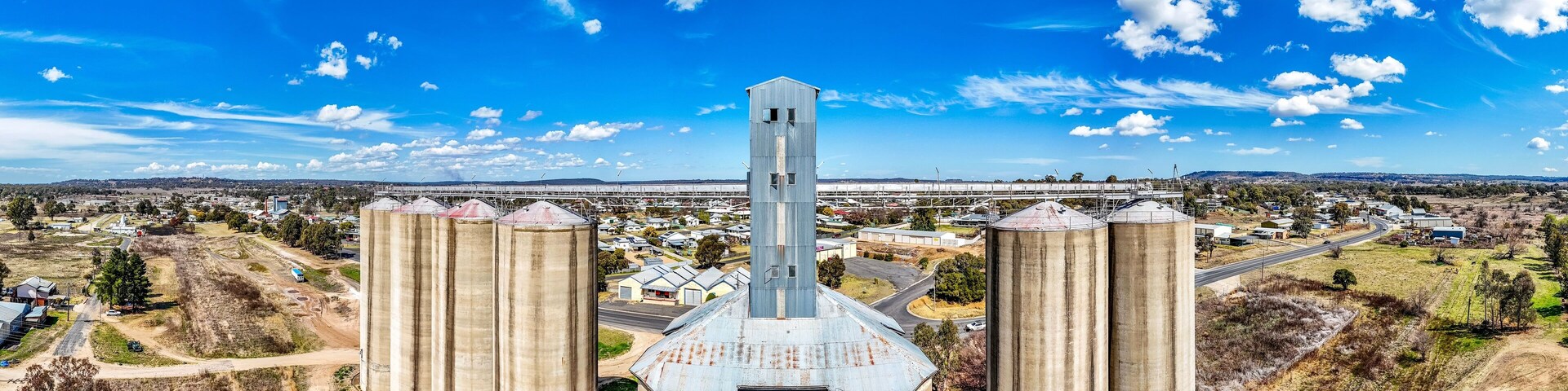 Panoramic view of Grain Silos overlooking the town of Inverell, New South Wales, Australia