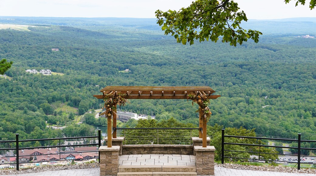 A wooden pergola provides a picturesque backdrop for an outdoor ceremony overlooking a lush valley near Tannersville, Pennsylvania, U.S.A