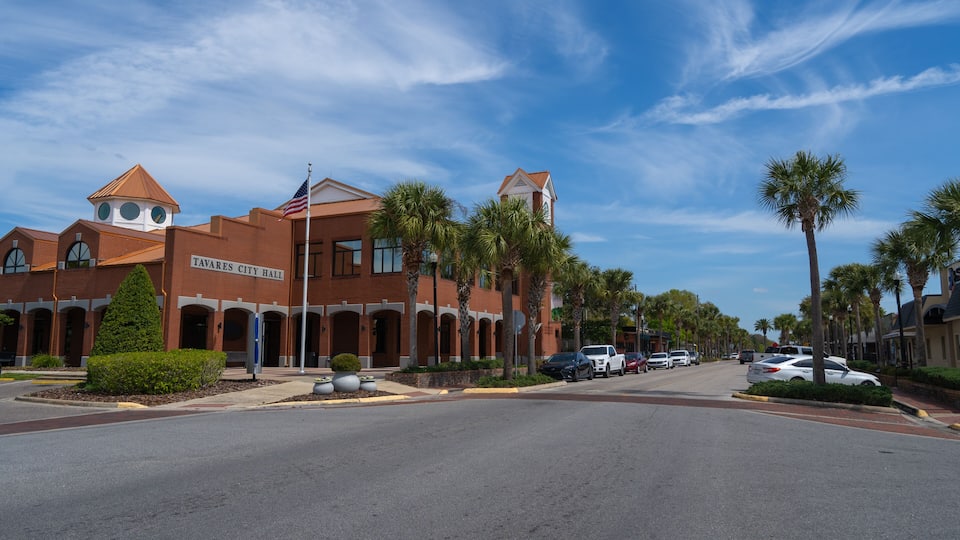 A street with a brick building labeled 'Tavares City Hall,' palm trees, and parked cars.