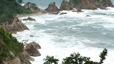 A coastal landscape with rocky cliffs and turbulent sea waves.