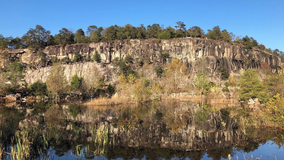 A calm lake reflecting a rocky cliff with trees and autumn foliage.