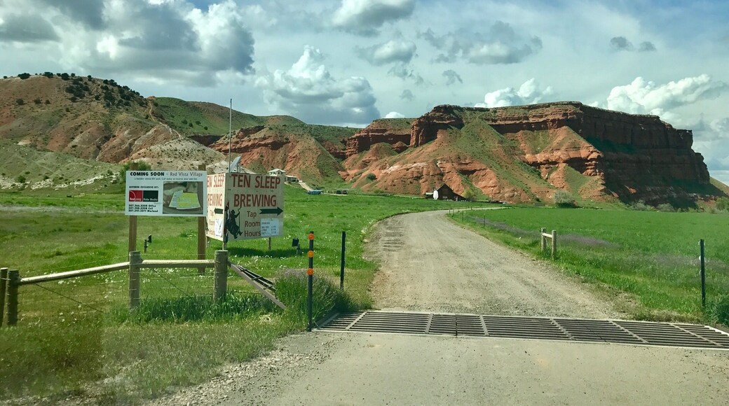 There is a tiny brewery built right at the base of this red rock formation. If you take state route 16 between Bighorn National Forrest and Buffalo Bill State Park, you will drive through the tiny "town" or Ten Sleep. By the time you get to the brewery there is literally nothing around but fields and open plains. As you can see in the picture, you have to cross a cattle grate to drive up the driveway. The brewery had recently changed its hours and turned out to be closed when we arrived. The incredibly nice owners welcomed us in for a brief tasting and growler fill as they happened to be in the tasting room doing paperwork when we walked in. They brewed a variety of styles, but they nailed the flavor of the American style light beer you wouldn't generally associate with the craft beer movement. The interior decor was what you would expect from a bar in Wyoming (antlers and taxidermy items hanging on the walls). No hipster influence at this brewery. #troveon #craftbeer #brewerytourism