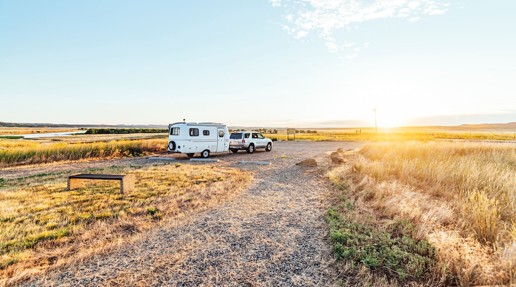 Morning light hitting a small camper in Montana