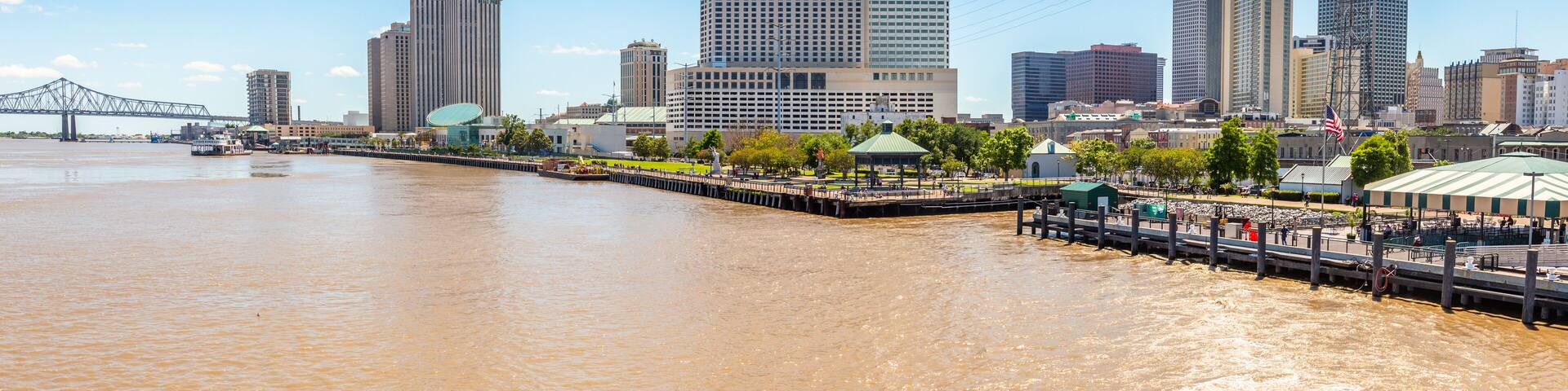New Orleans city panorama from Mississippi River with business district skyscrappers and river promenade, Louisiana, USA