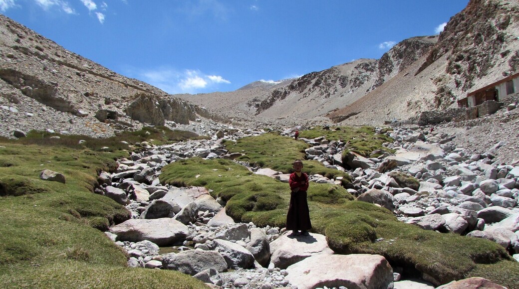 Phuntsok, aged 10, a monk in training has grown up in a remote nunnery in Ladakh's cold desert, located at a 3 hour walk from an off the map village called Skidmung at the base of a glacier, 15000ft above sea level. In its short summer, the white is replaced by green and the melting ice flows
The nunnery gets its name from the village below, and in Ladakhi Skidmung translates to 'too much happiness'.