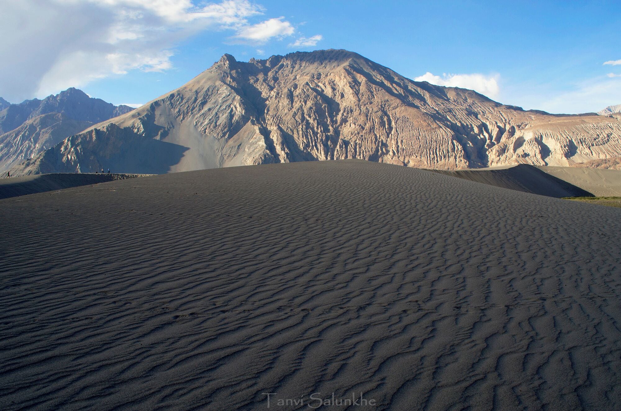 A vast desert with rippled sand dunes and a mountain range in the background.