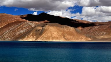 Un paysage désertique avec des montagnes et une vaste étendue d’eau.