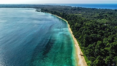 White sand beach and low tide at the tropical coast of Shaheed Dweep island