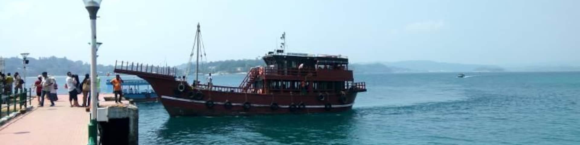 Rajiv Gandhi Water Sports Complex in Andaman for boarding a ferry to Ross Island and North Bay.
For Schedules, you can visit here: https://www.eternalandamans.com/port-blair/rajiv-gandhi-water-sports-complex