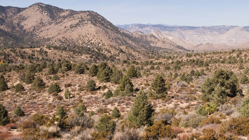 A mountainous landscape with sparse vegetation and a clear sky.