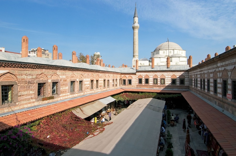 Turkey Izmir quarter Konak former caravansary caravanserai now bazaar inner courtyard