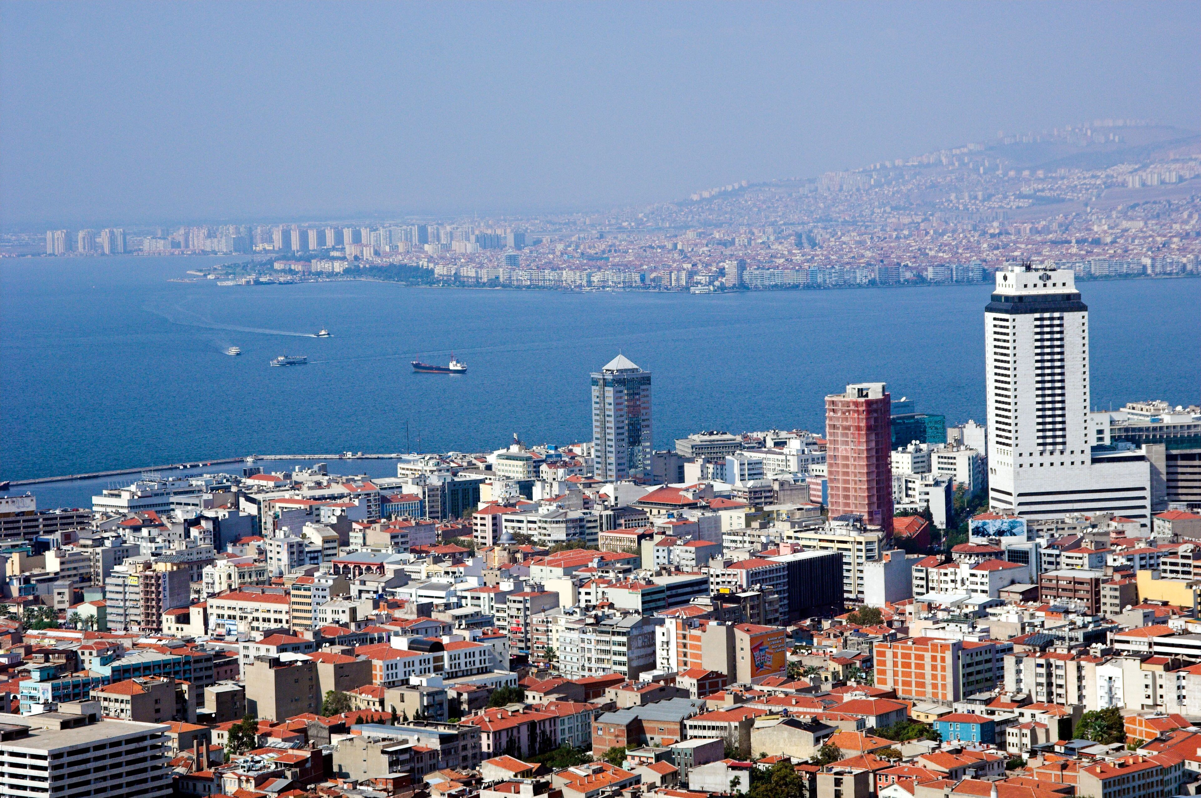 The skyline of Izmir, Turkey and the Bay of Izmir from the Kadifekale.