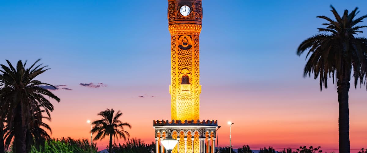 Izmir Clock Tower (Izmir Saat Kulesi) in the Sunset Time Photo, Kemer Izmir, Turkiye (Turkey)